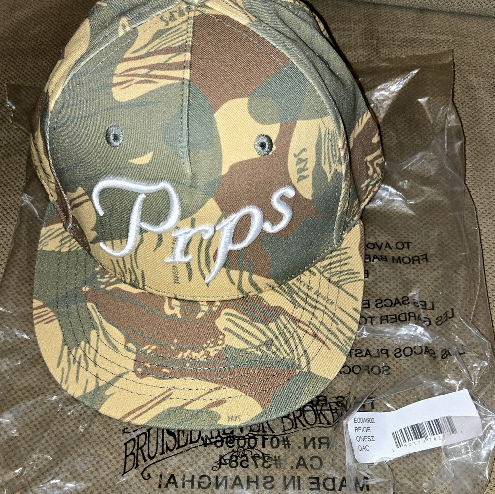PRPS Tan and Green Camouflage Hat with White Embroidery (NWT)